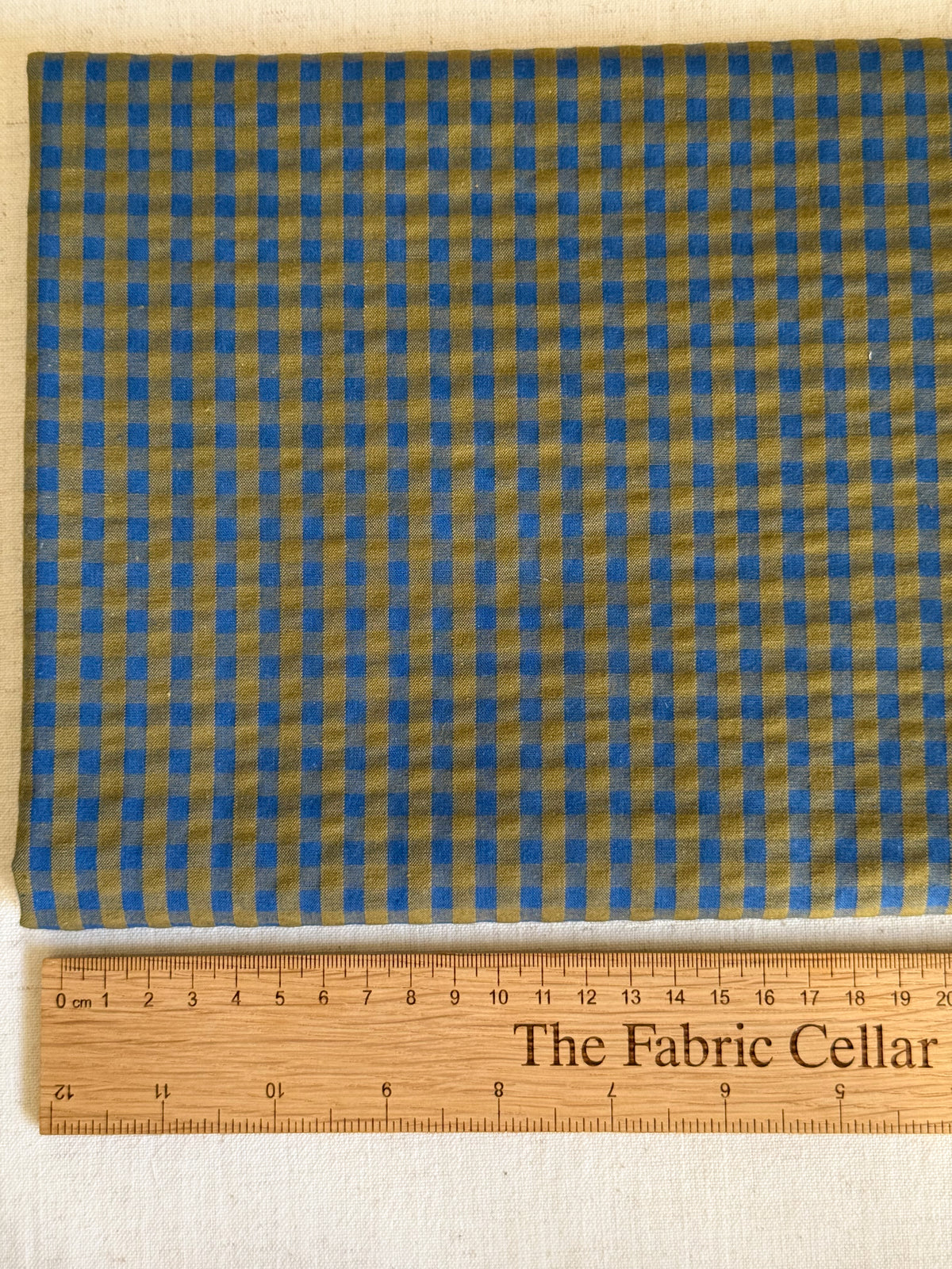 Cotton Seersucker Fabric - Gingham - Cobalt / Bronze