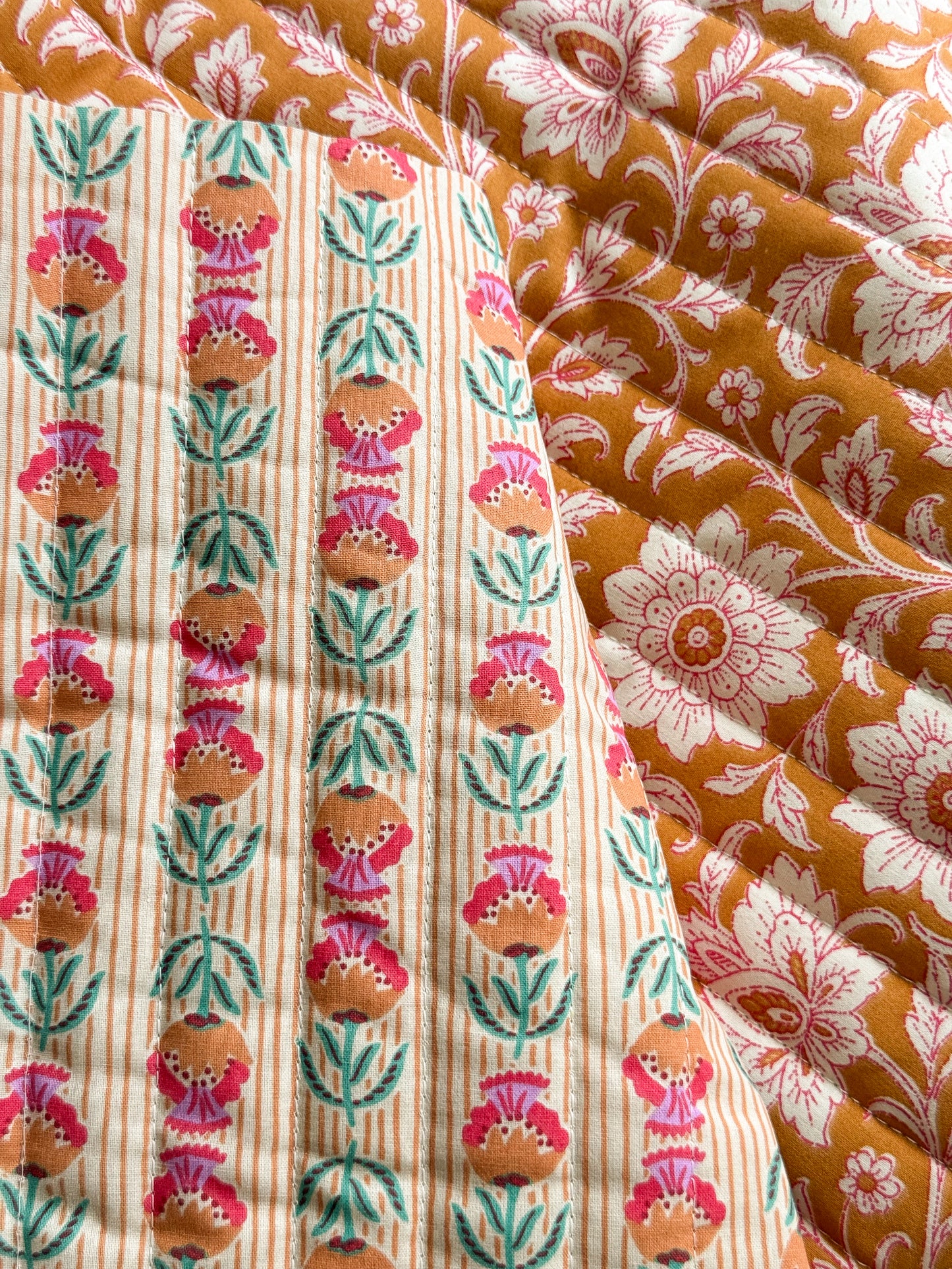 Reversible Quilted Cotton Poplin Fabric - Block Print / Camel Rose