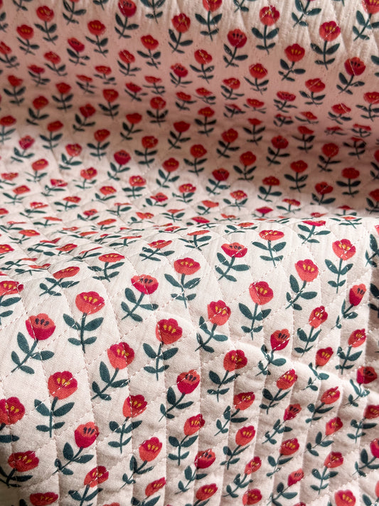 Reversible Quilted Double Gauze Fabric - Nordic Tulips / Pink Meadow