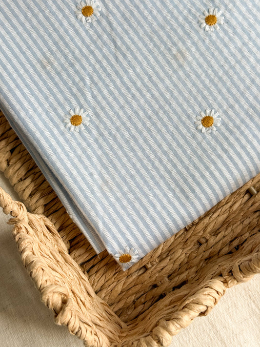 Cotton Stripe Seersucker Fabric With Embroidered Daisy - Light Blue