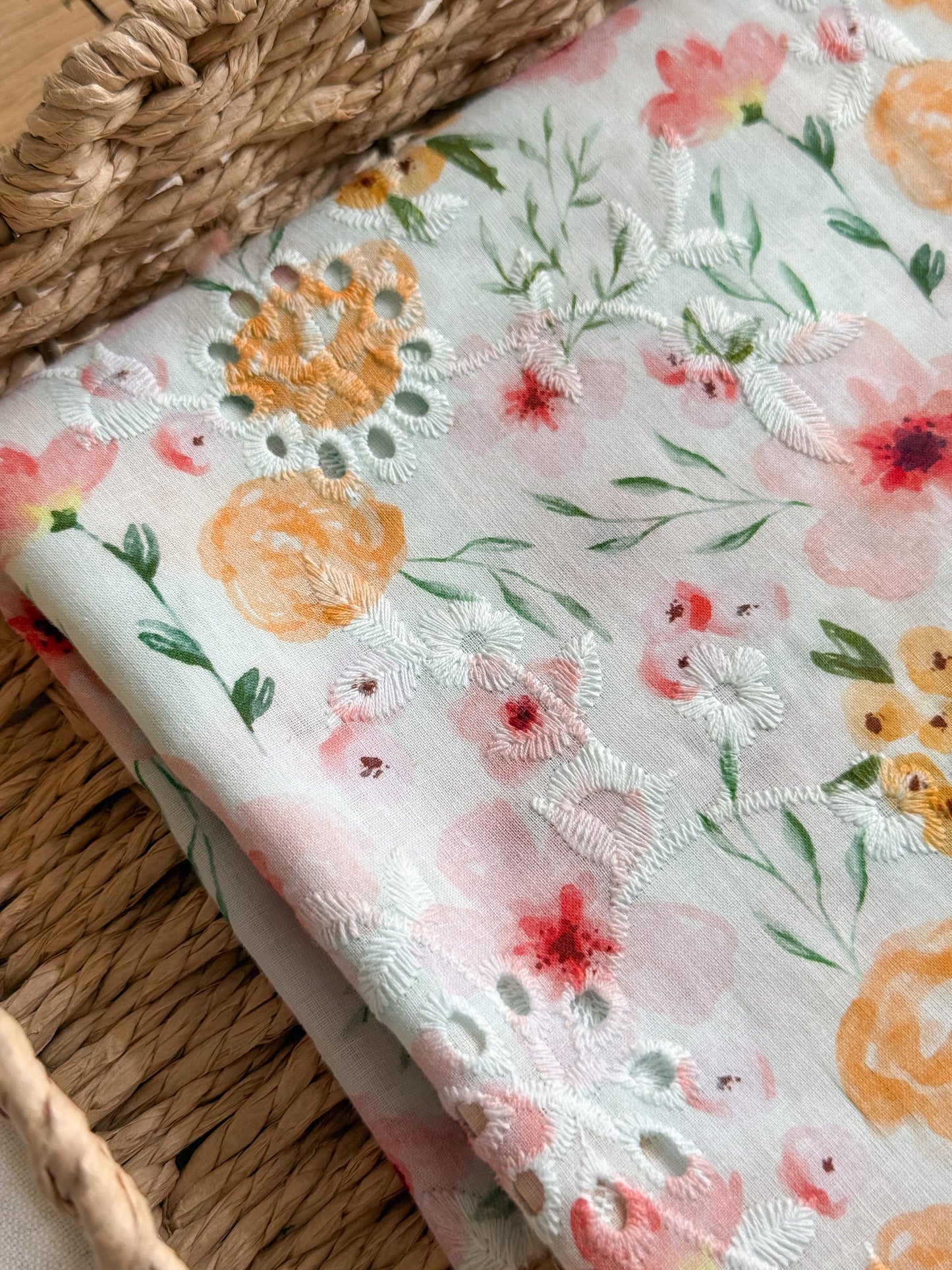 Cotton Voile Embroidered Broderie Anglaise Fabric - Spring Flowers - SEE DESCRIPTION
