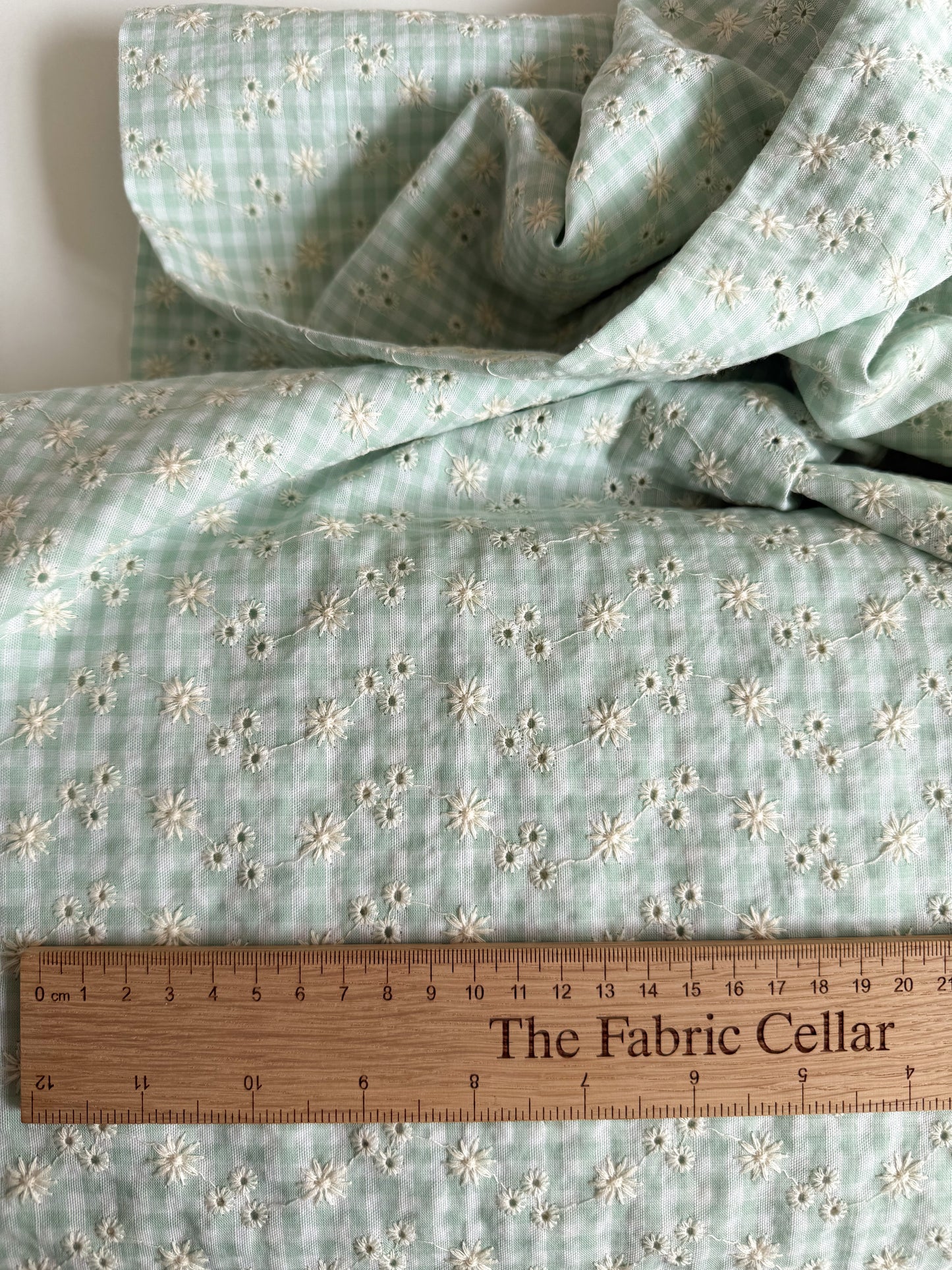 Cotton Embroidered Gingham Seersucker Fabric - Mint - 45cm remnant