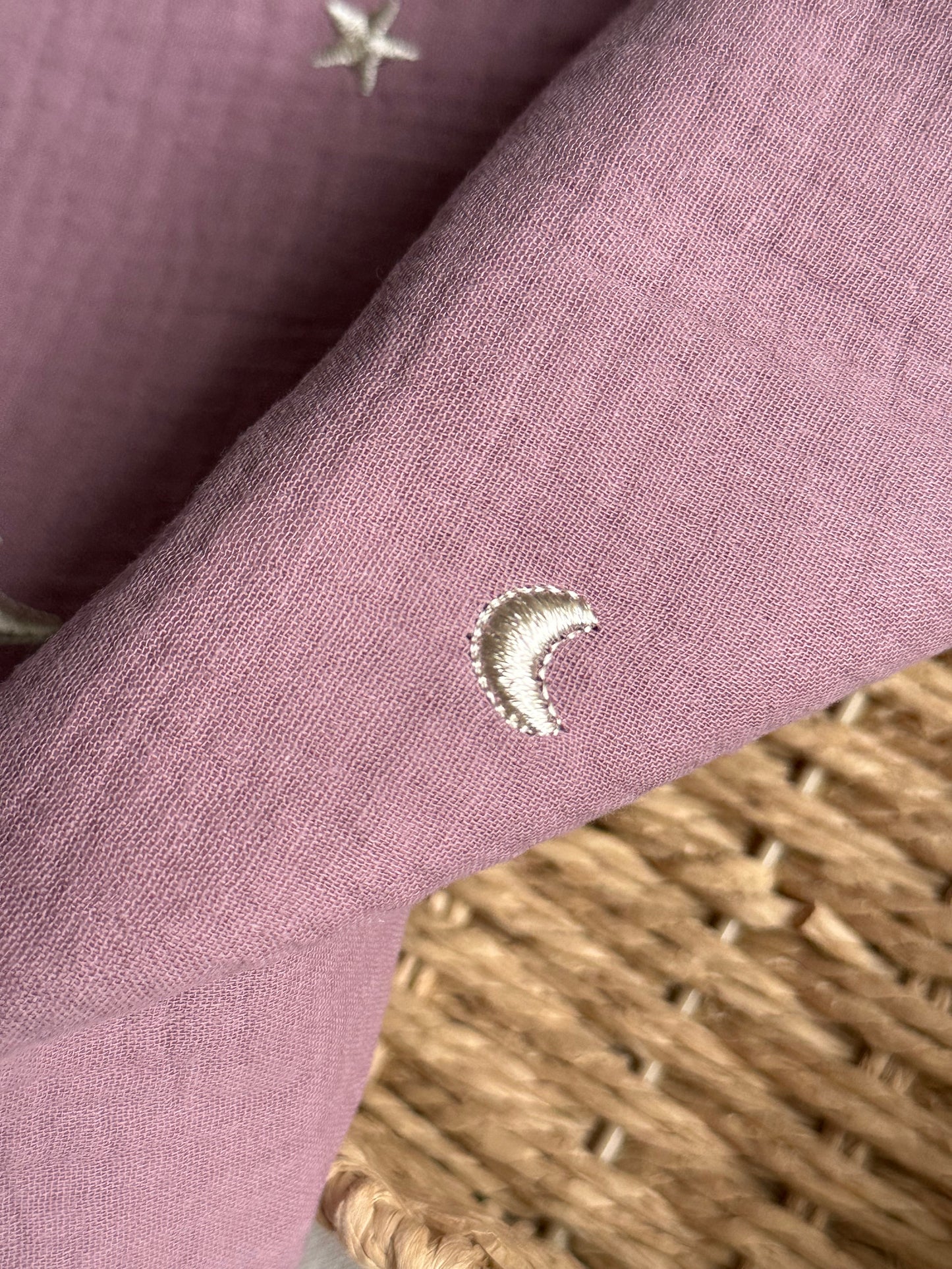 Embroidered Double Gauze Fabric - Moon & Stars - Mauve