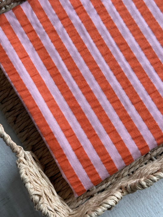 Cotton Seersucker Fabric - Orange & Rose