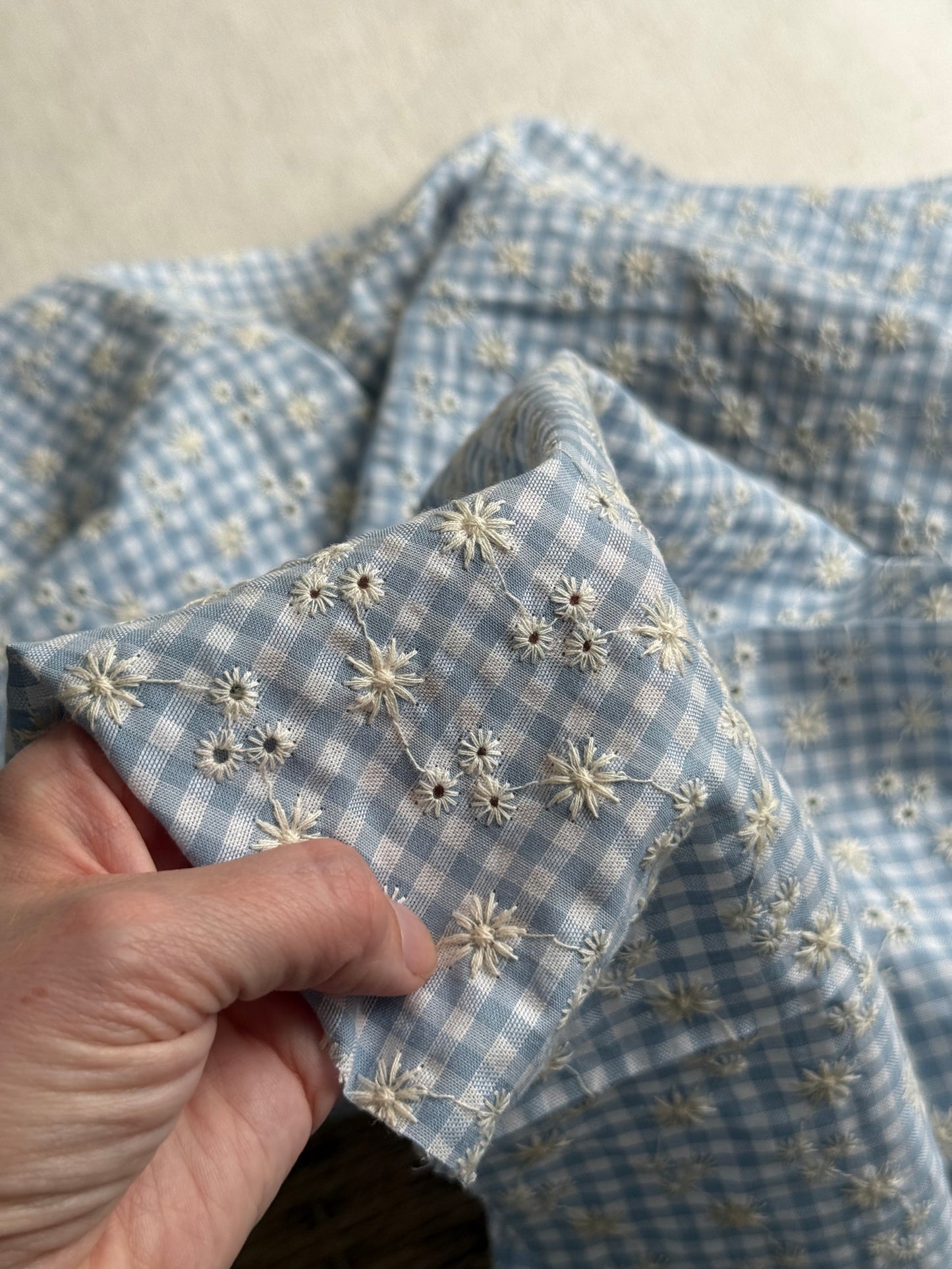 Cotton Embroidered Gingham Seersucker Fabric - Blue - 45cm Remnant