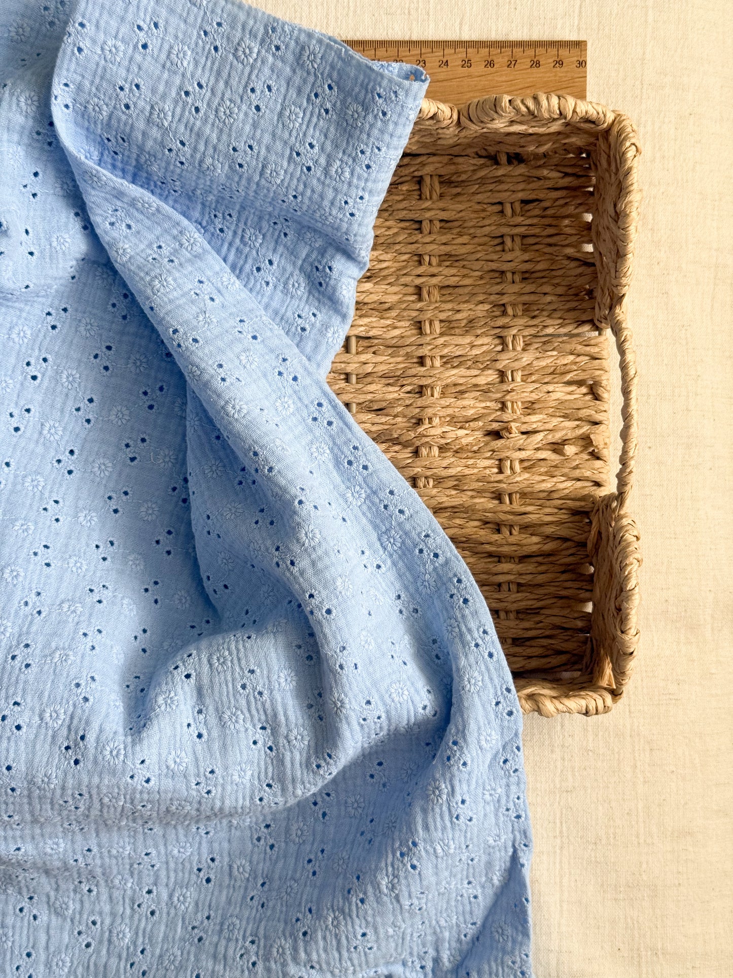 Embroidered Double Gauze Fabric - Pastel Blue