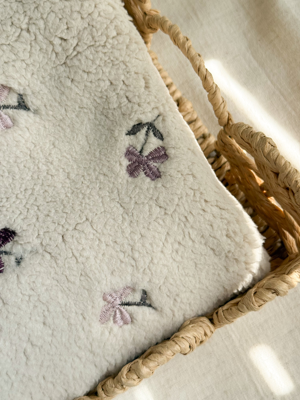 Soft Teddy Fabric - Greige / Purple Embroidered Flowers