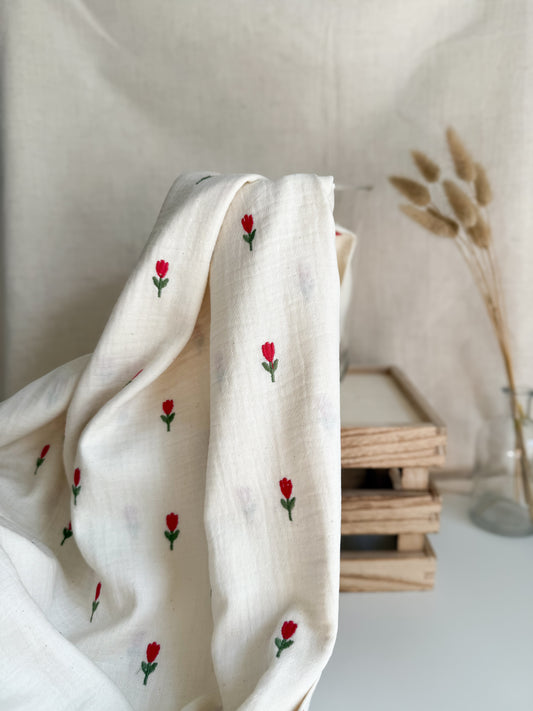Embroidered Double Gauze Fabric - Natural Tulips