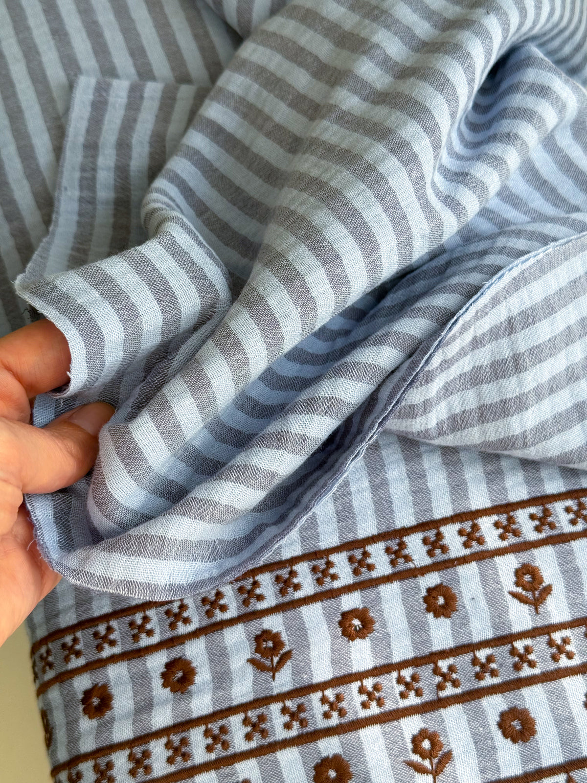 Double Gauze Fabric - Embroidered Border - Blueberry & Cocoa Stripe