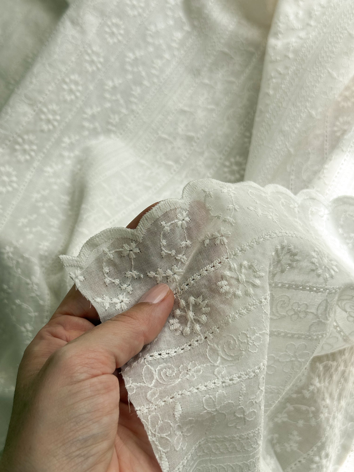 Embroidered Cotton Fabric - Floral Stripes - White