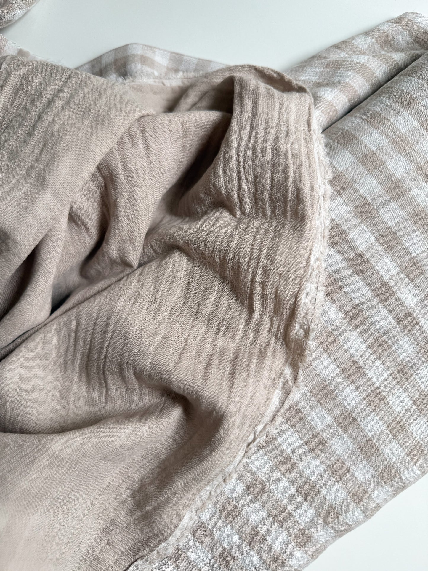 Double Gauze Fabric - Double Sided Gingham Stone