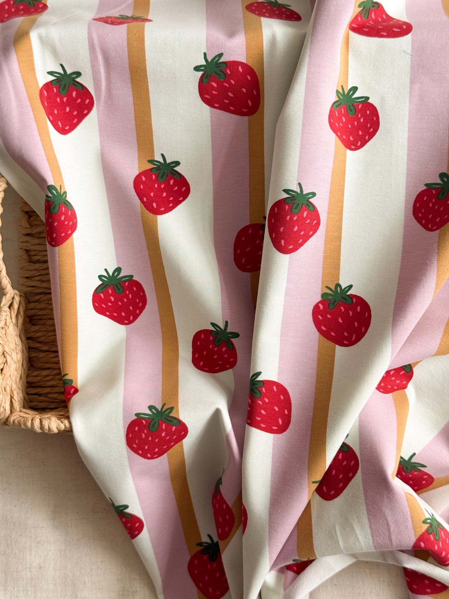 Printed Cotton Jersey Fabric - Strawberries & Stripes