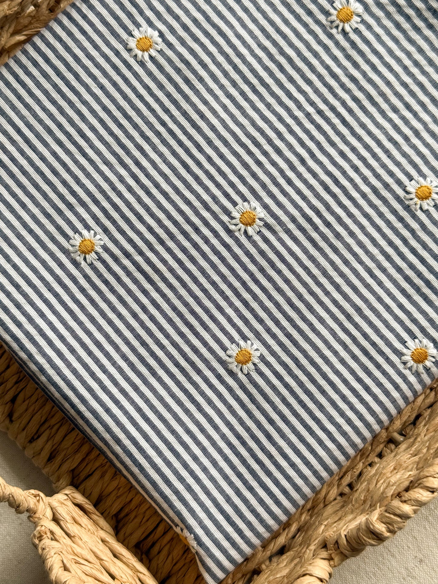 Cotton Stripe Seersucker Fabric With Embroidered Daisy - Navy