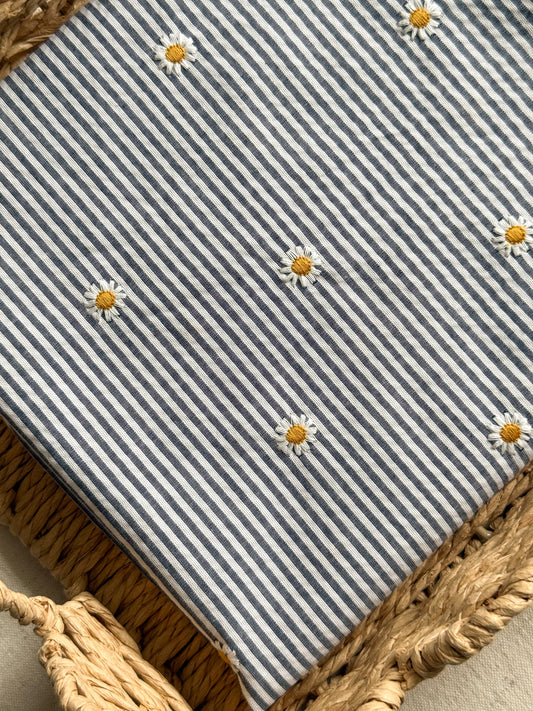 Cotton Stripe Seersucker Fabric With Embroidered Daisy - Navy
