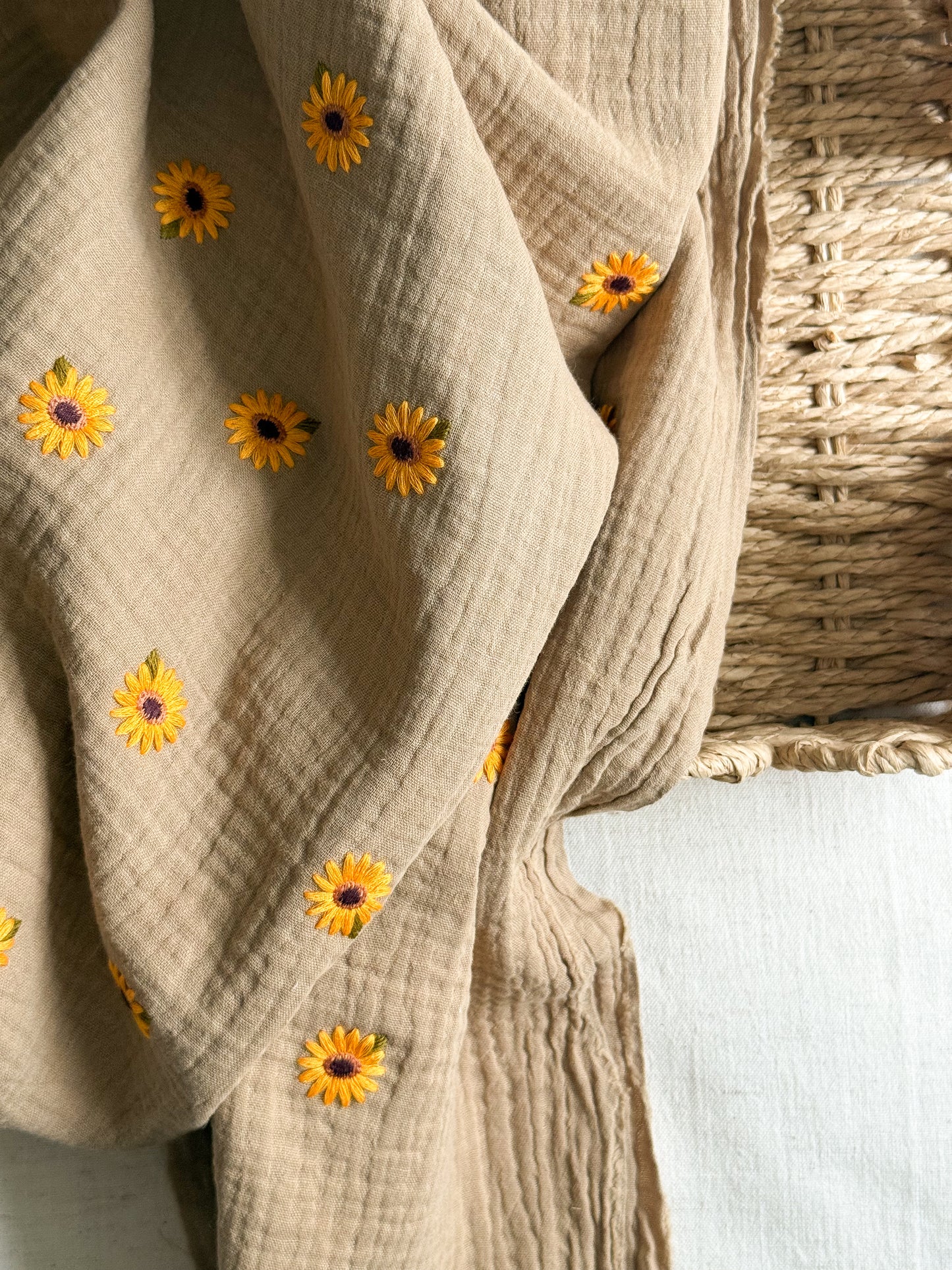 Embroidered Double Gauze Fabric - Sunflowers