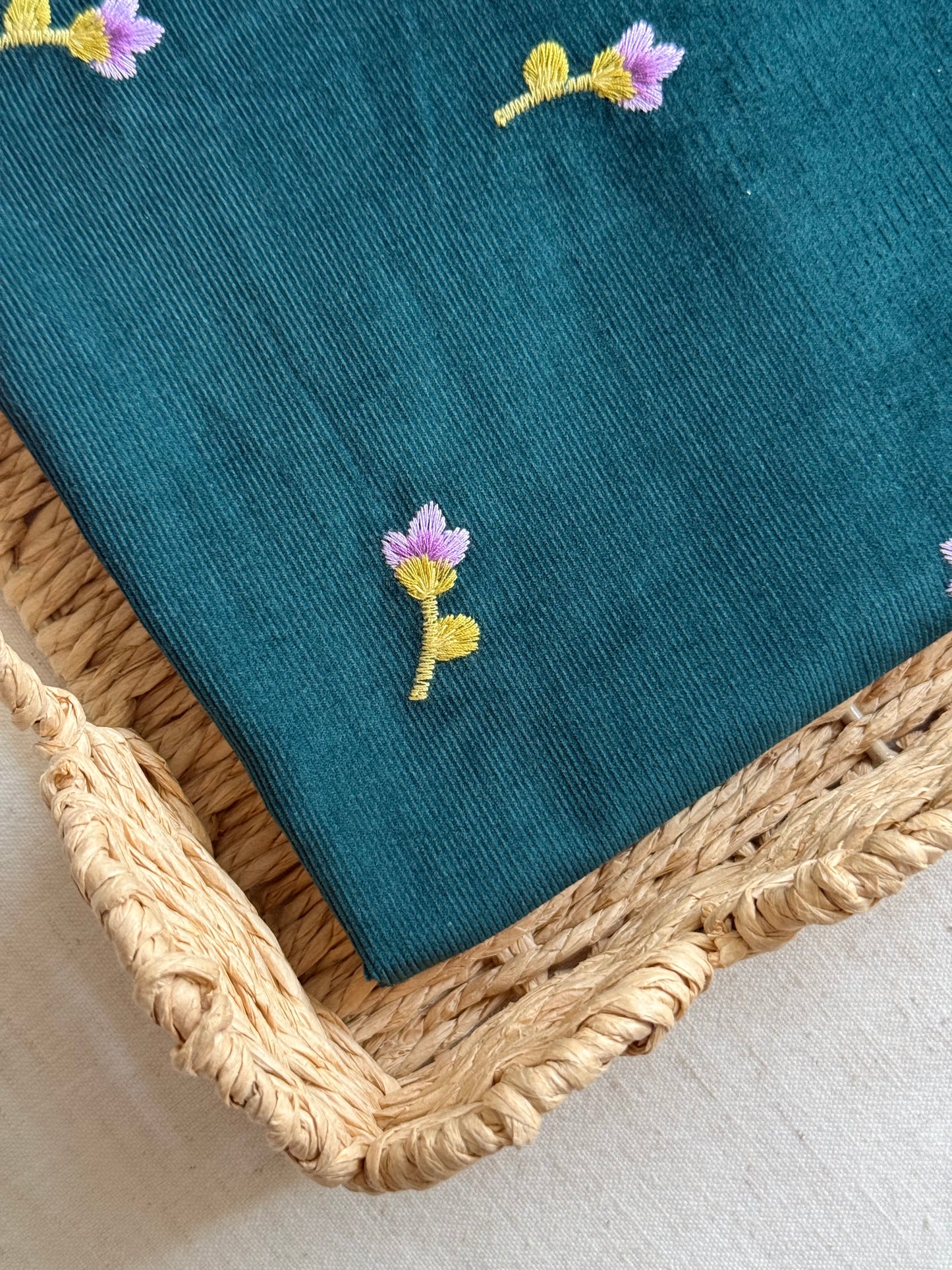 Cotton Embroidered Baby Cord Fabric - Green