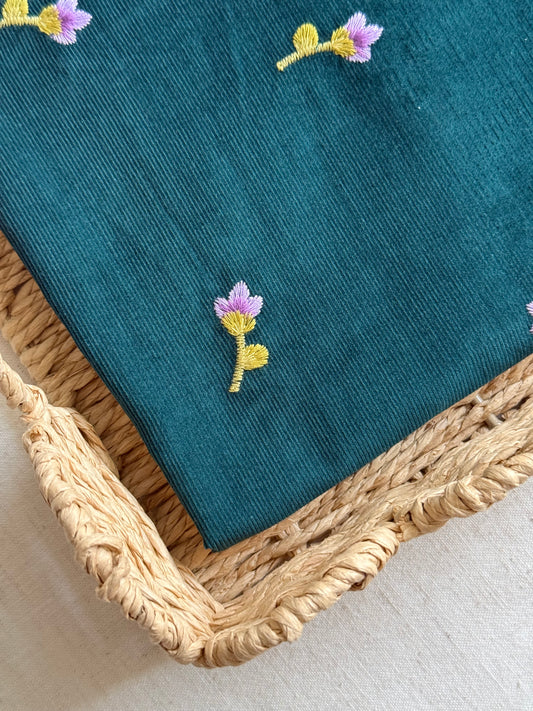 Cotton Embroidered Baby Cord Fabric - Green