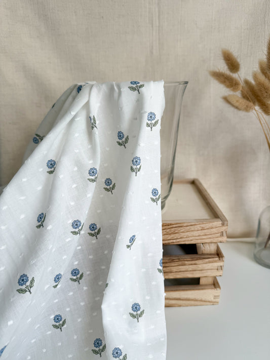 White and blue floral block print swiss dot dressmaking crafting sewing fabric
