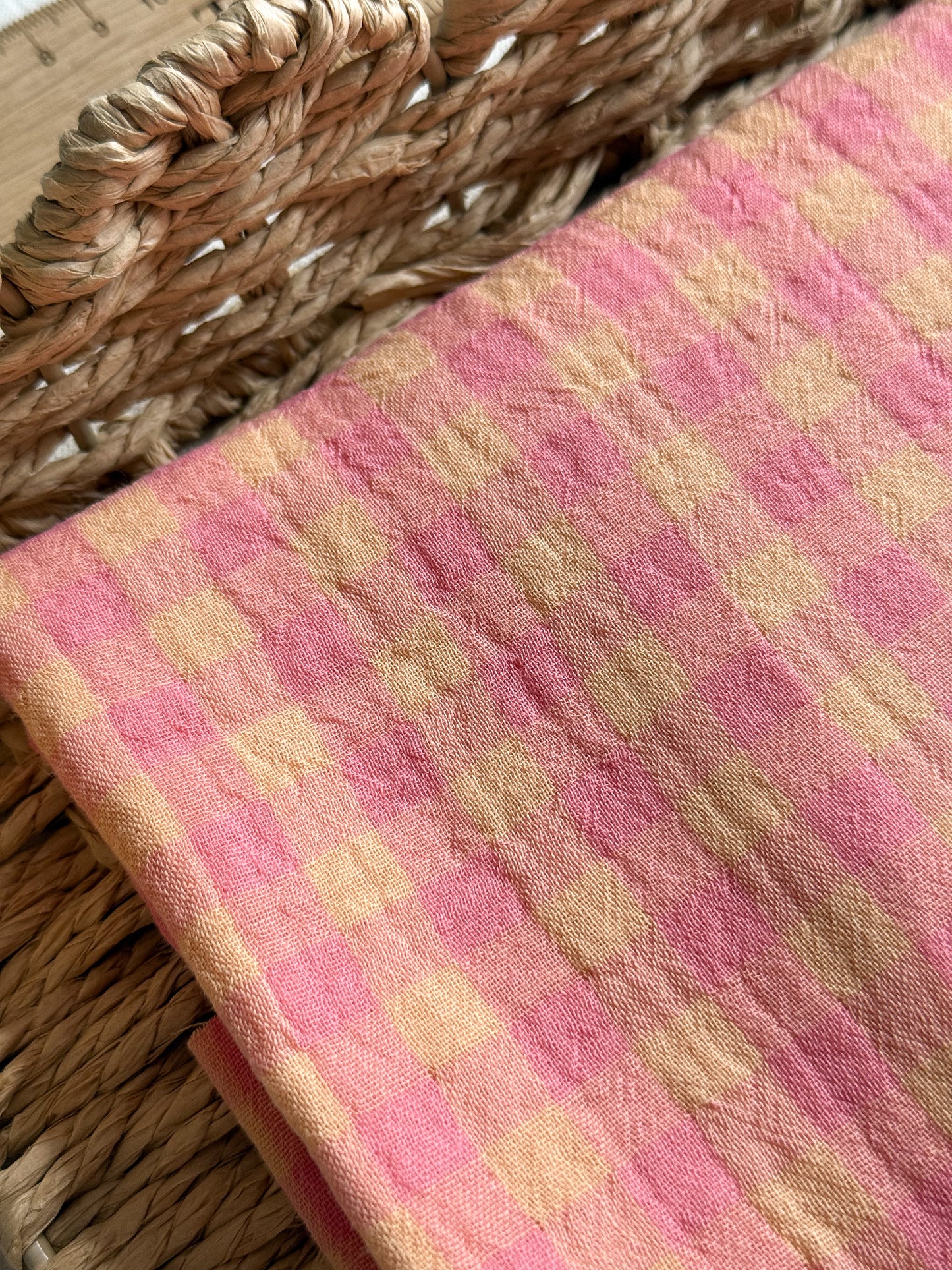 Double Gauze Cotton Fabric - Double Sided Gingham - Rhubarb - 90cm Remnant