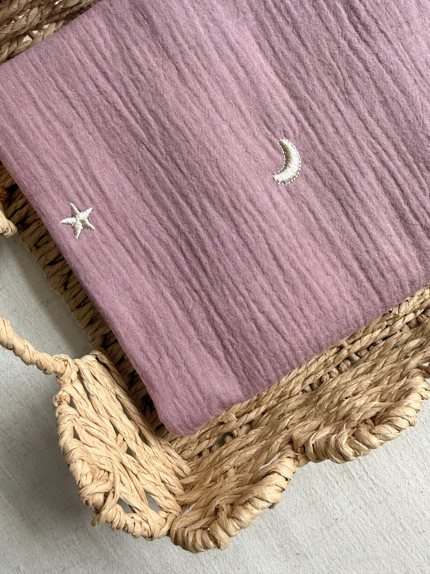 Embroidered Double Gauze Fabric - Moon & Stars - Mauve