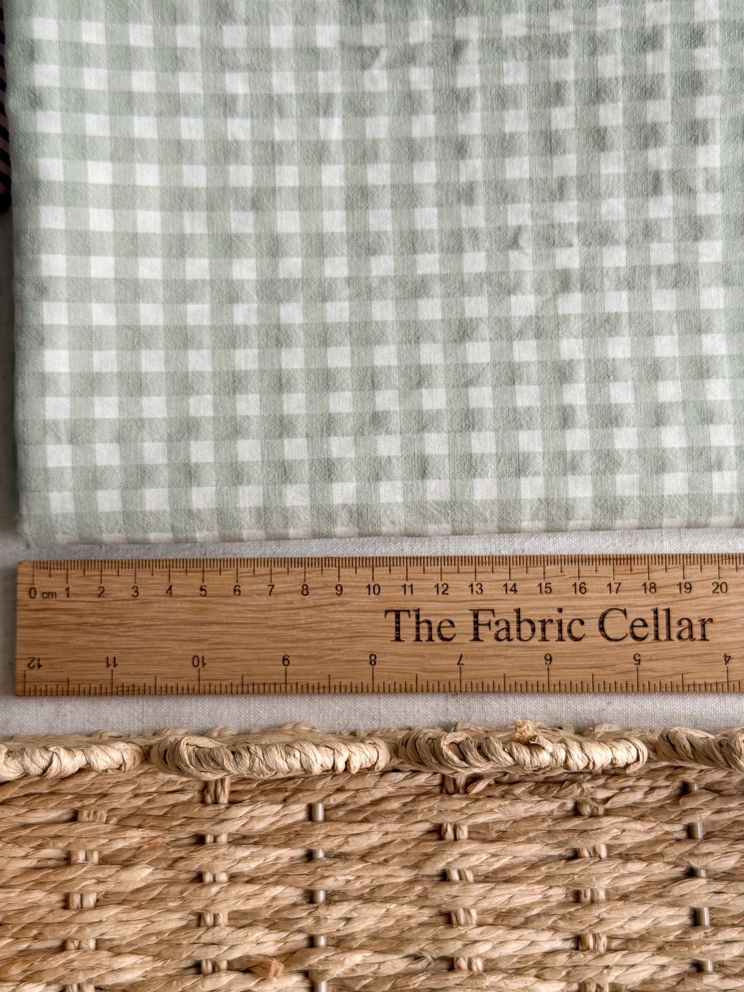 Organic Cotton Blend Seersucker Fabric - Gingham Soft Green