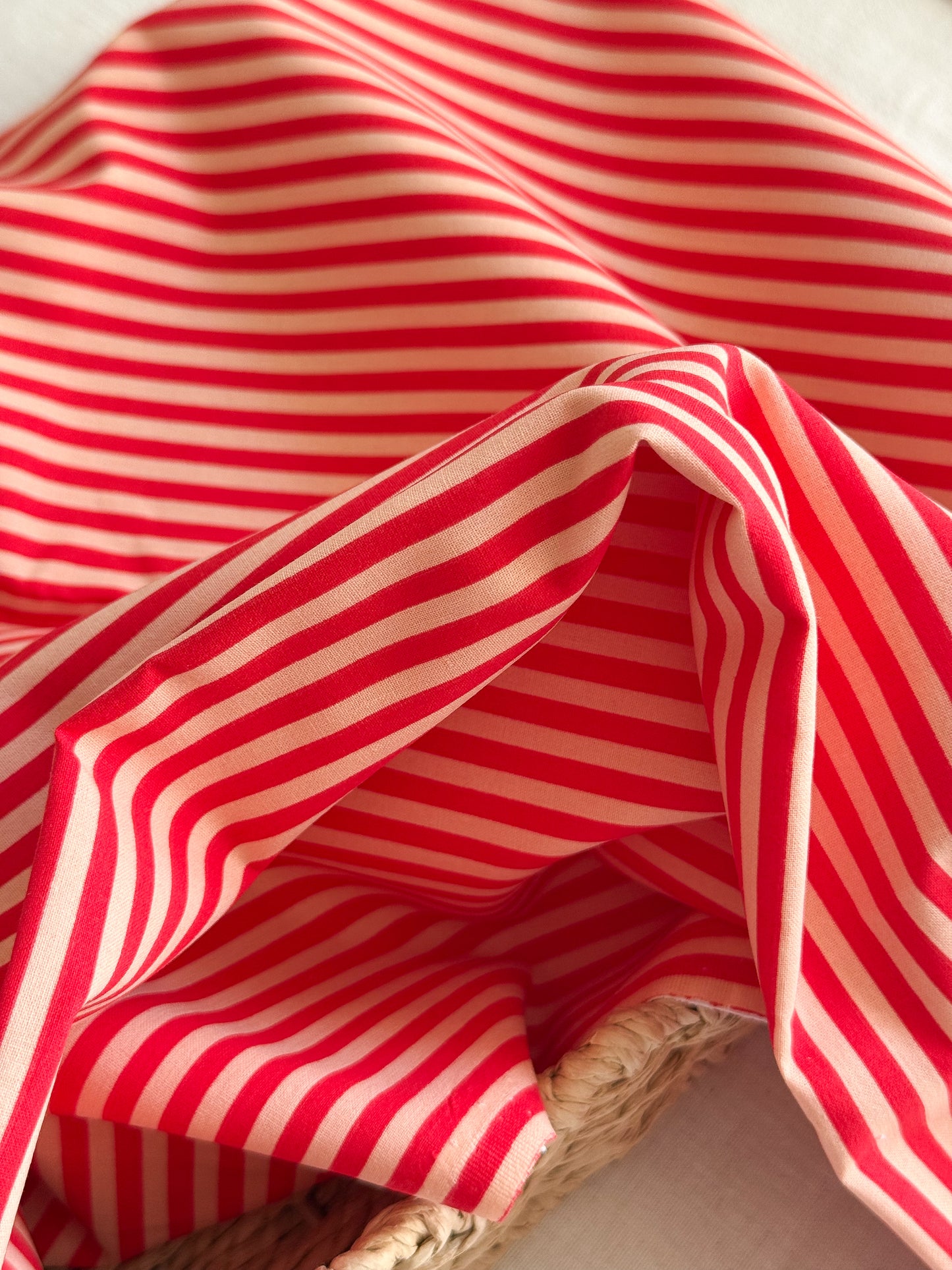 Printed Cotton Poplin Fabric  - Red & Cream Stripe