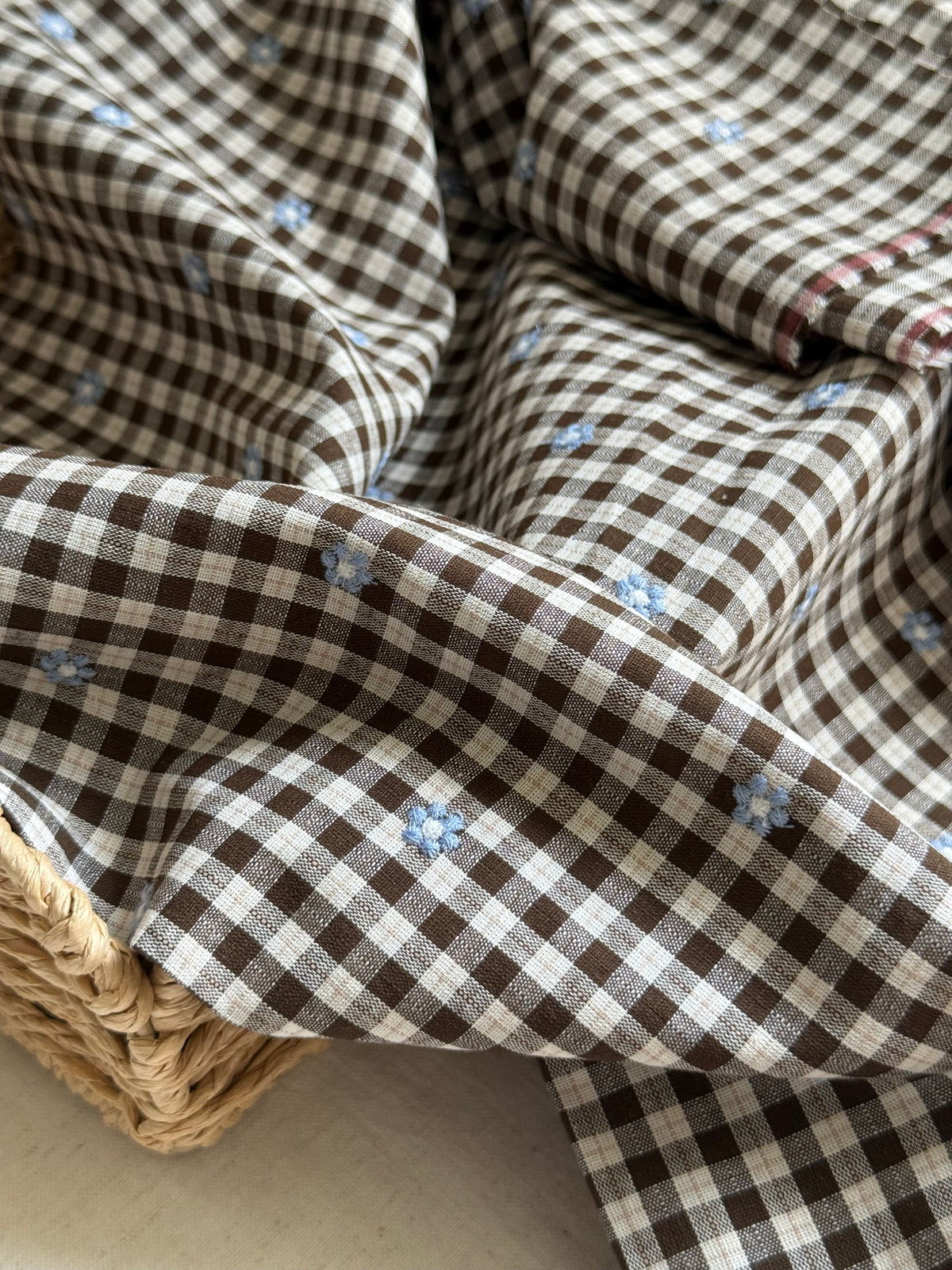 Cotton Viscose Blend Embroidered Gingham Fabric - Cocoa