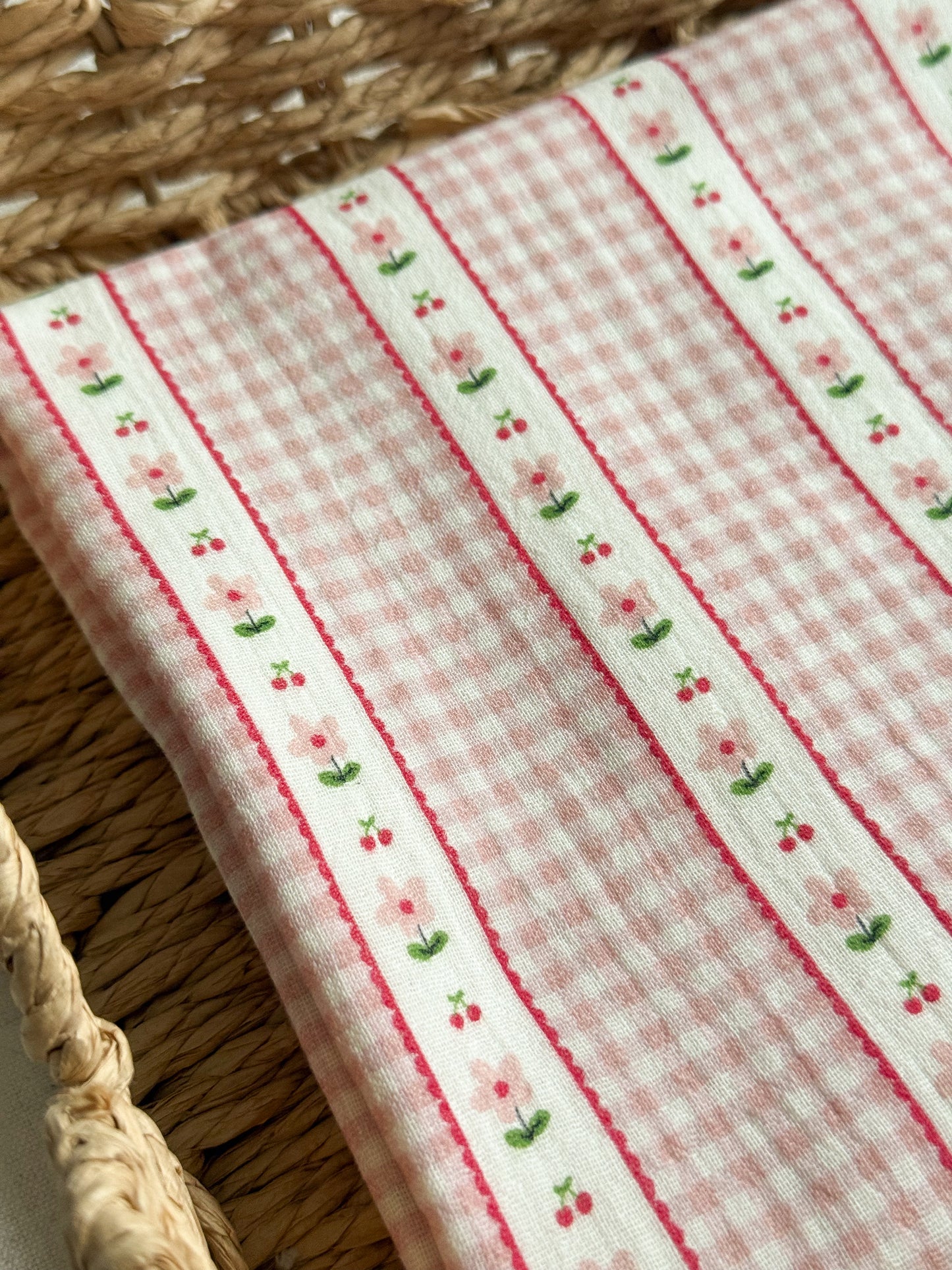 Double Gauze Fabric - Gingham Flowers & Cherries - Pink
