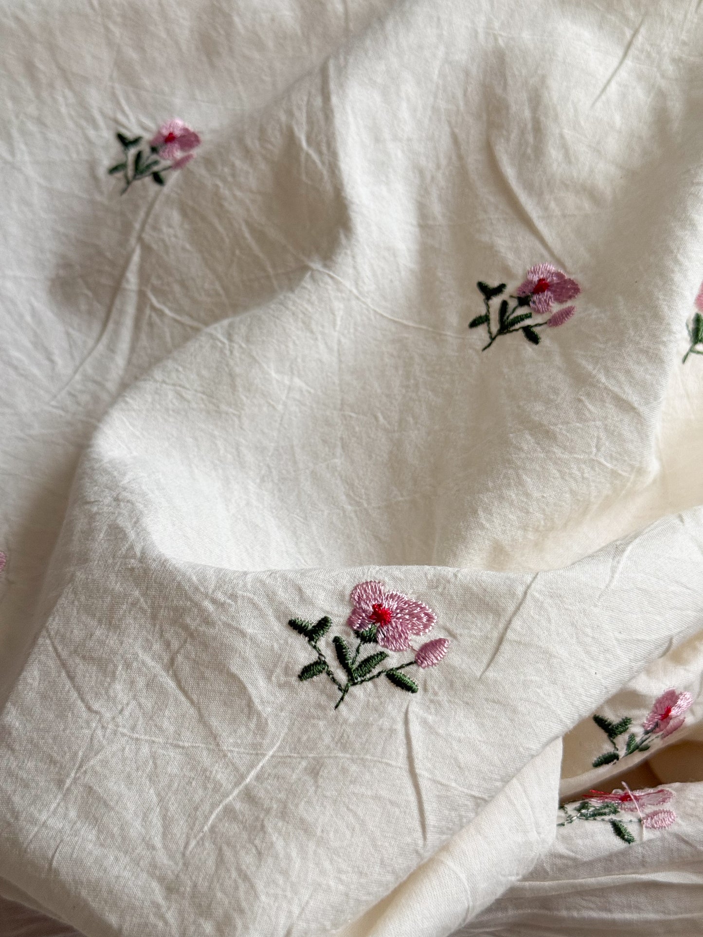 Embroidered Crinkle Cotton Voile Fabric - Pink Flowers