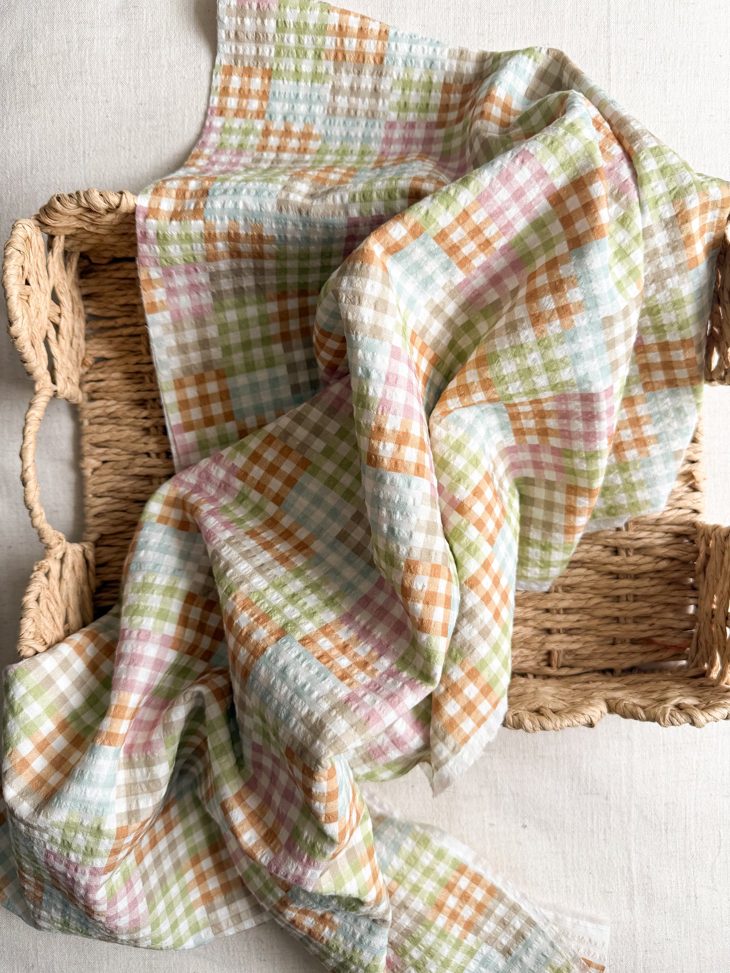 Organic Cotton Gingham Patchwork Seersucker Fabric - Fruit Pastel