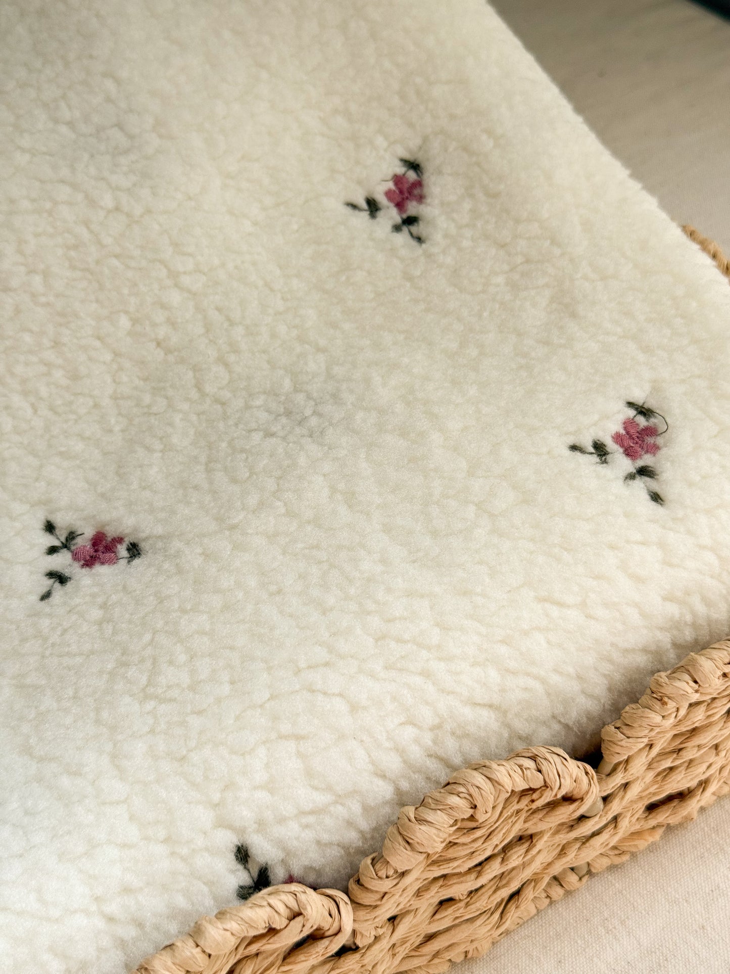 Soft Teddy Fabric - Embroidered Flowers - Ecru