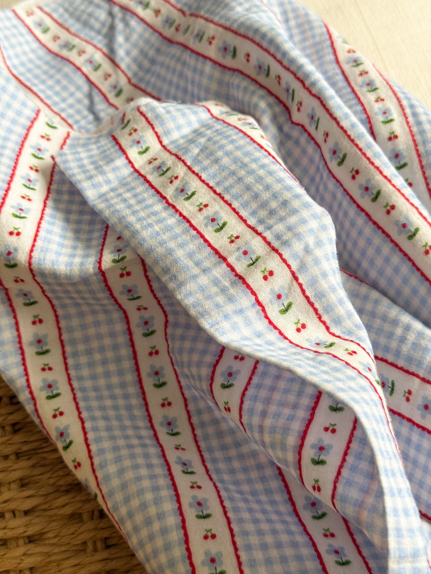 Double Gauze Fabric - Gingham Flowers & Cherries - Blue