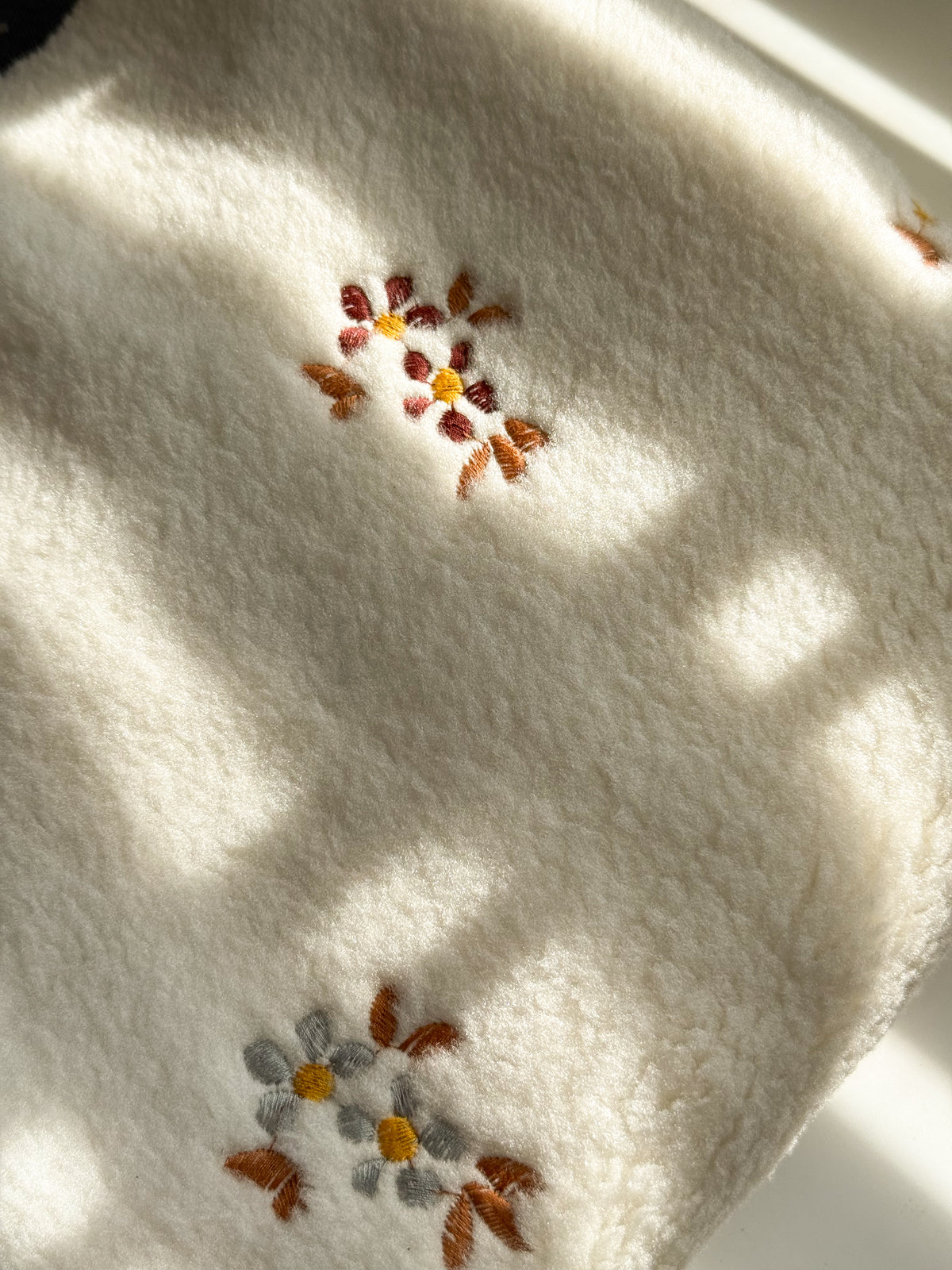 Soft Teddy Fabric - Embroidered Flowers - Ecru