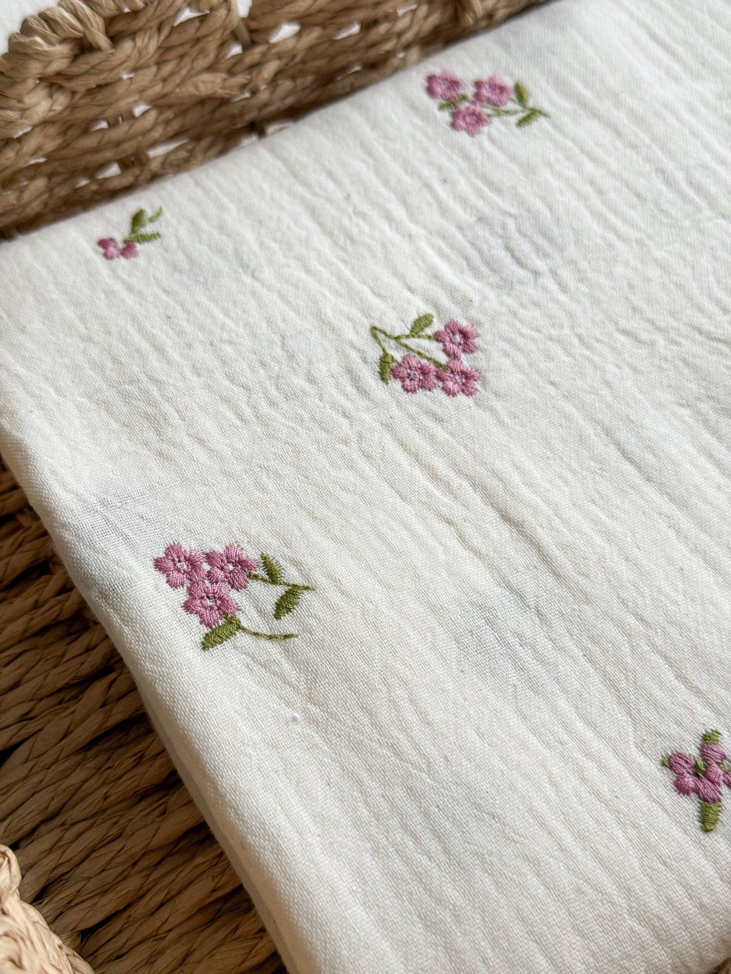 Embroidered Double Gauze Fabric - Natural - Pink Flowers