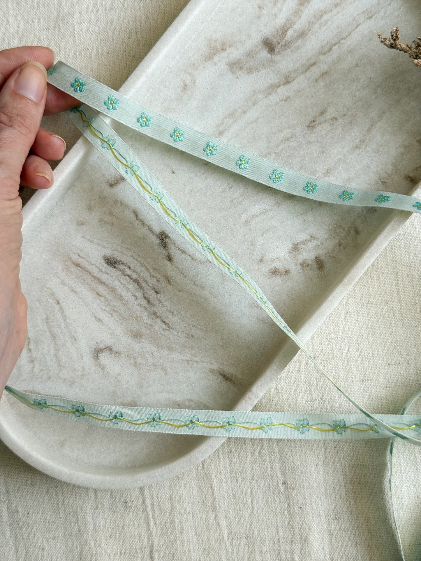 Jacquard Woven Ribbon - Aqua Flowers - 10mm