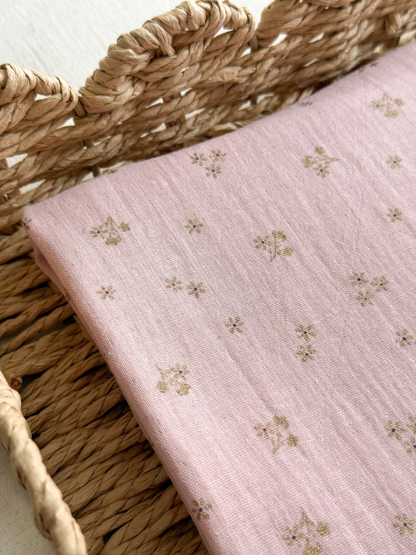 Organic Double Gauze Fabric - Double Sided - Polka Dots & Flowers - 150cm Remnant - Defects - See Images