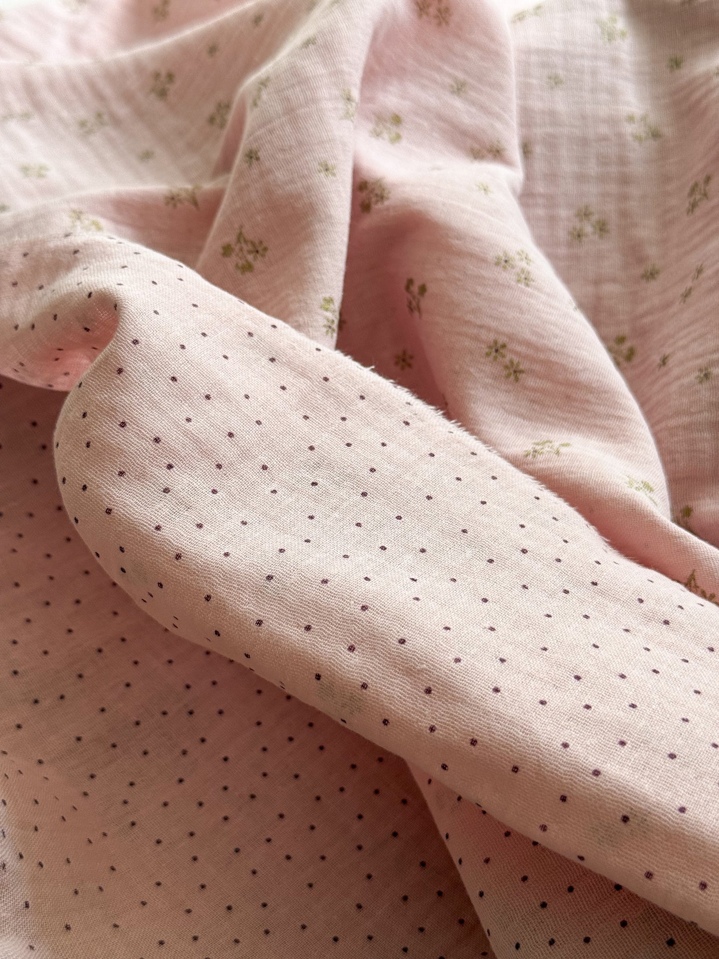 Organic Double Gauze Fabric - Double Sided - Polka Dots & Flowers - 150cm Remnant - Defects - See Images