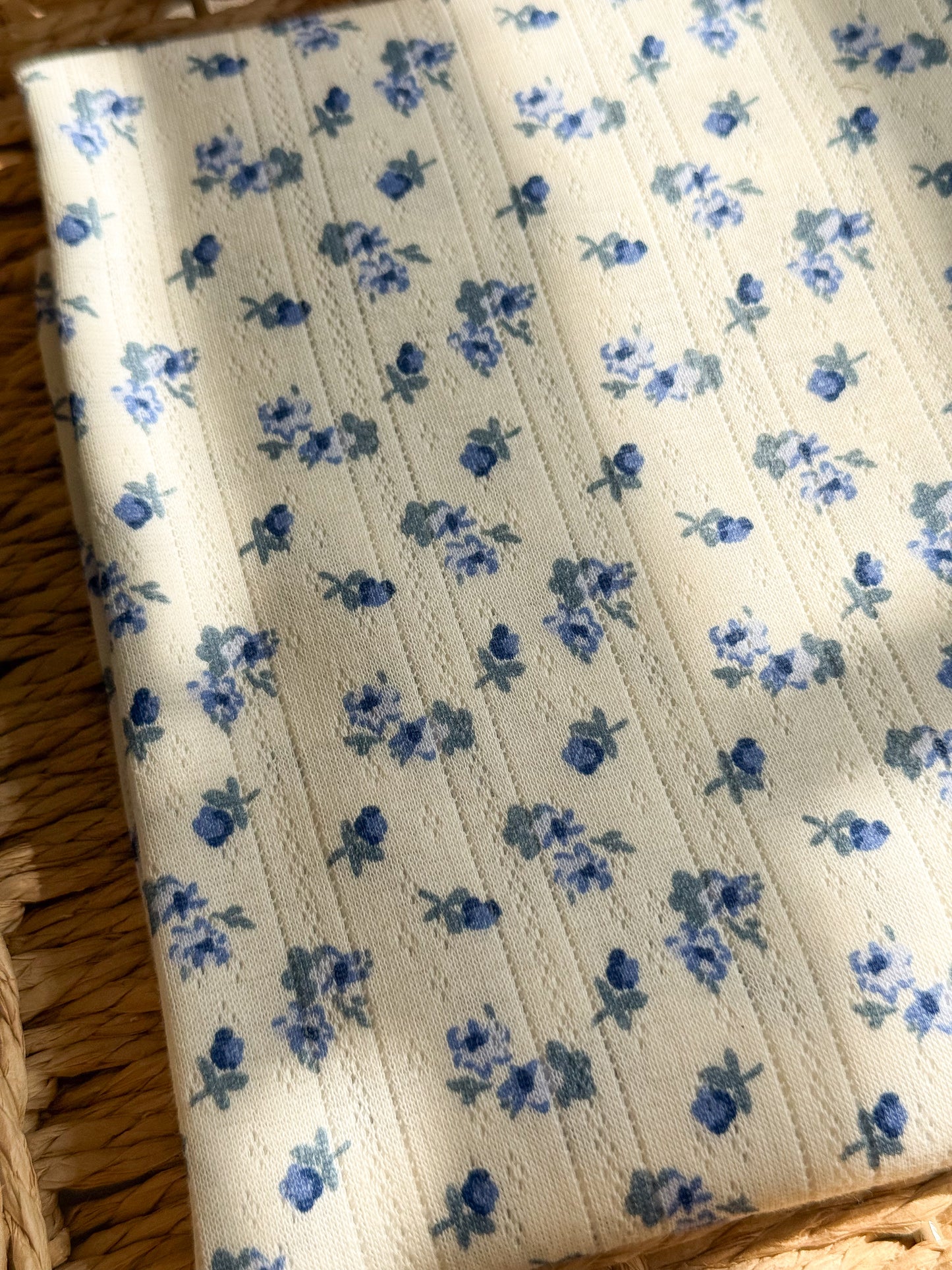 Printed Cotton Jersey Pointelle Fabric - Blue Floral