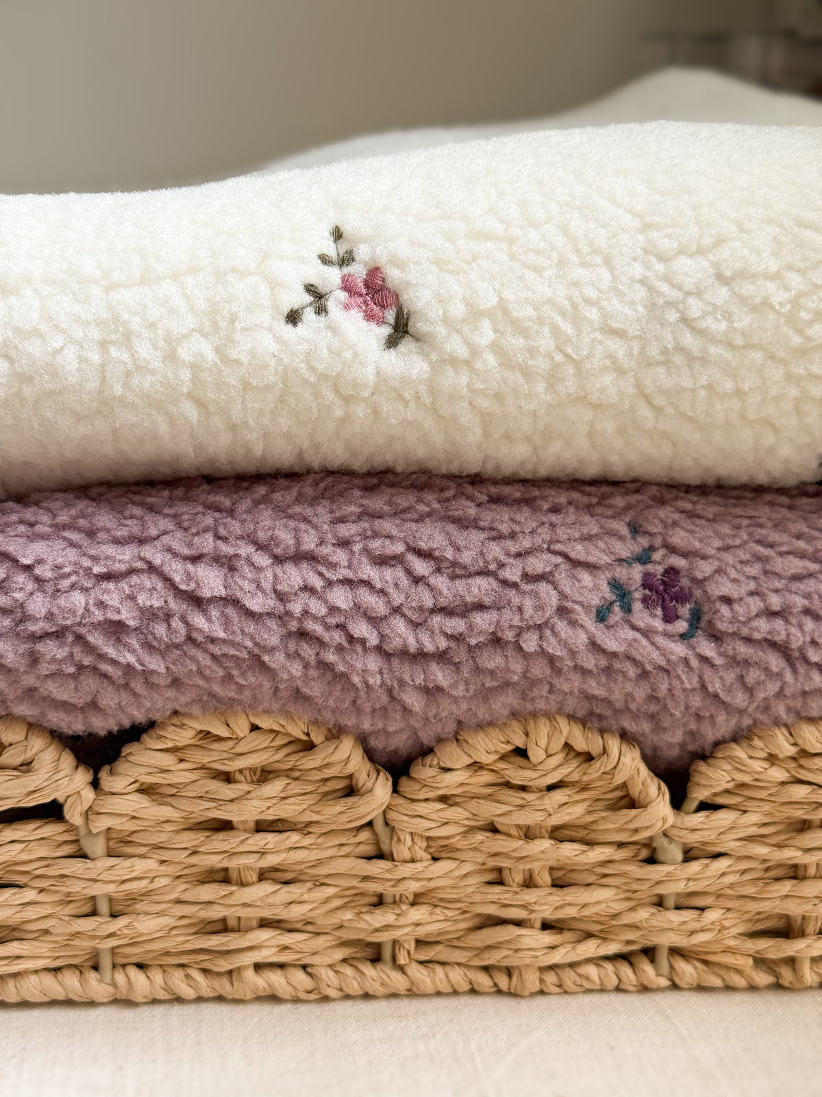 Soft Teddy Fabric - Embroidered Flowers - Ecru