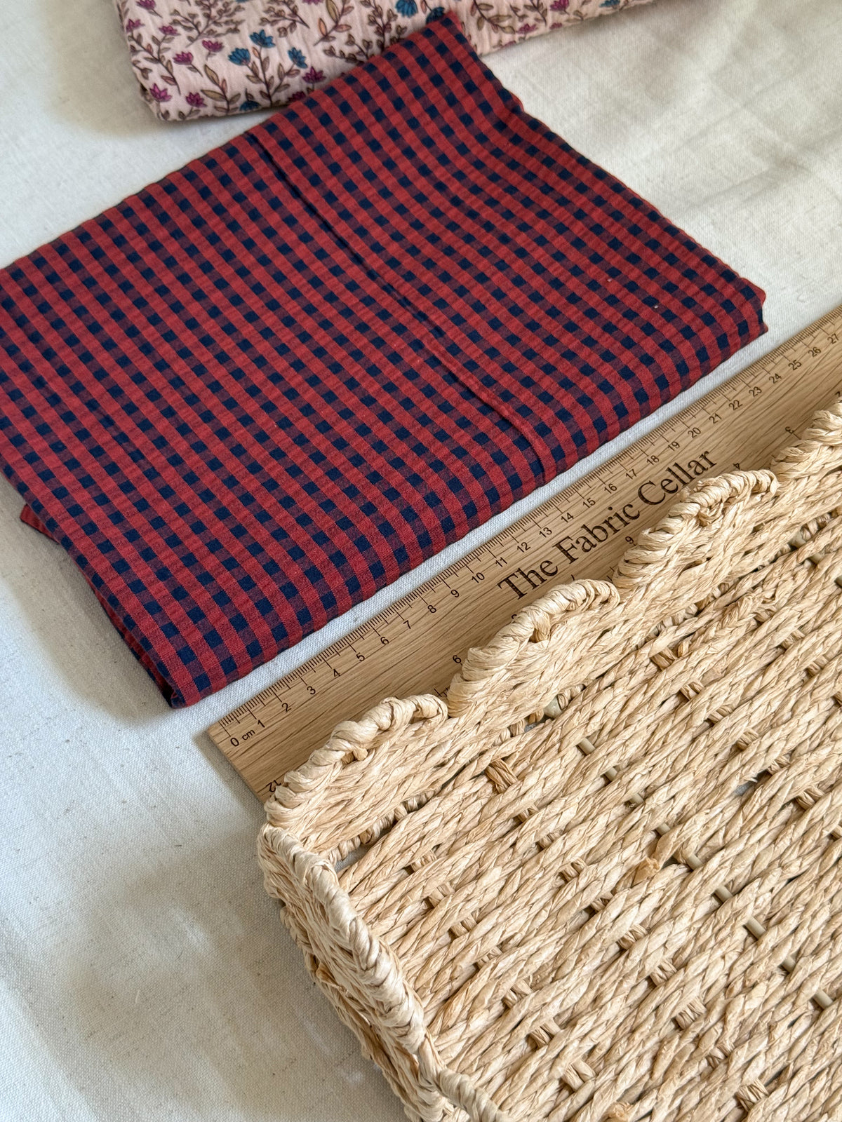 Cotton Seersucker Fabric - Gingham - Navy / Brick