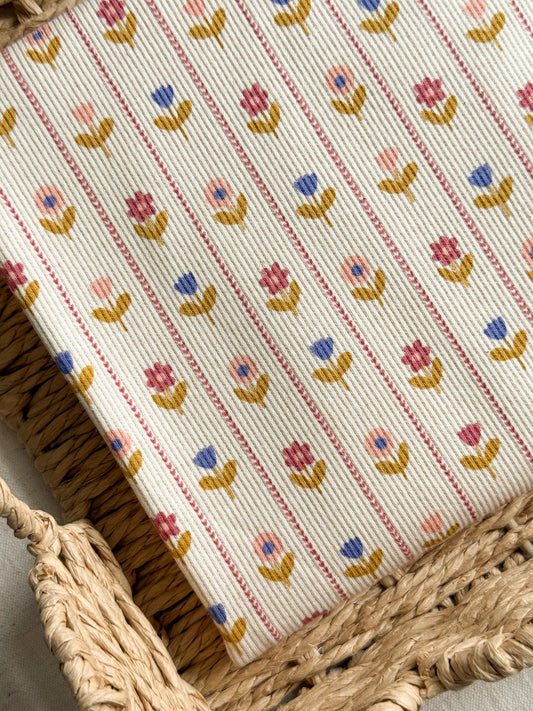 Ribbed Cotton Jersey Fabric - Floral Stripe