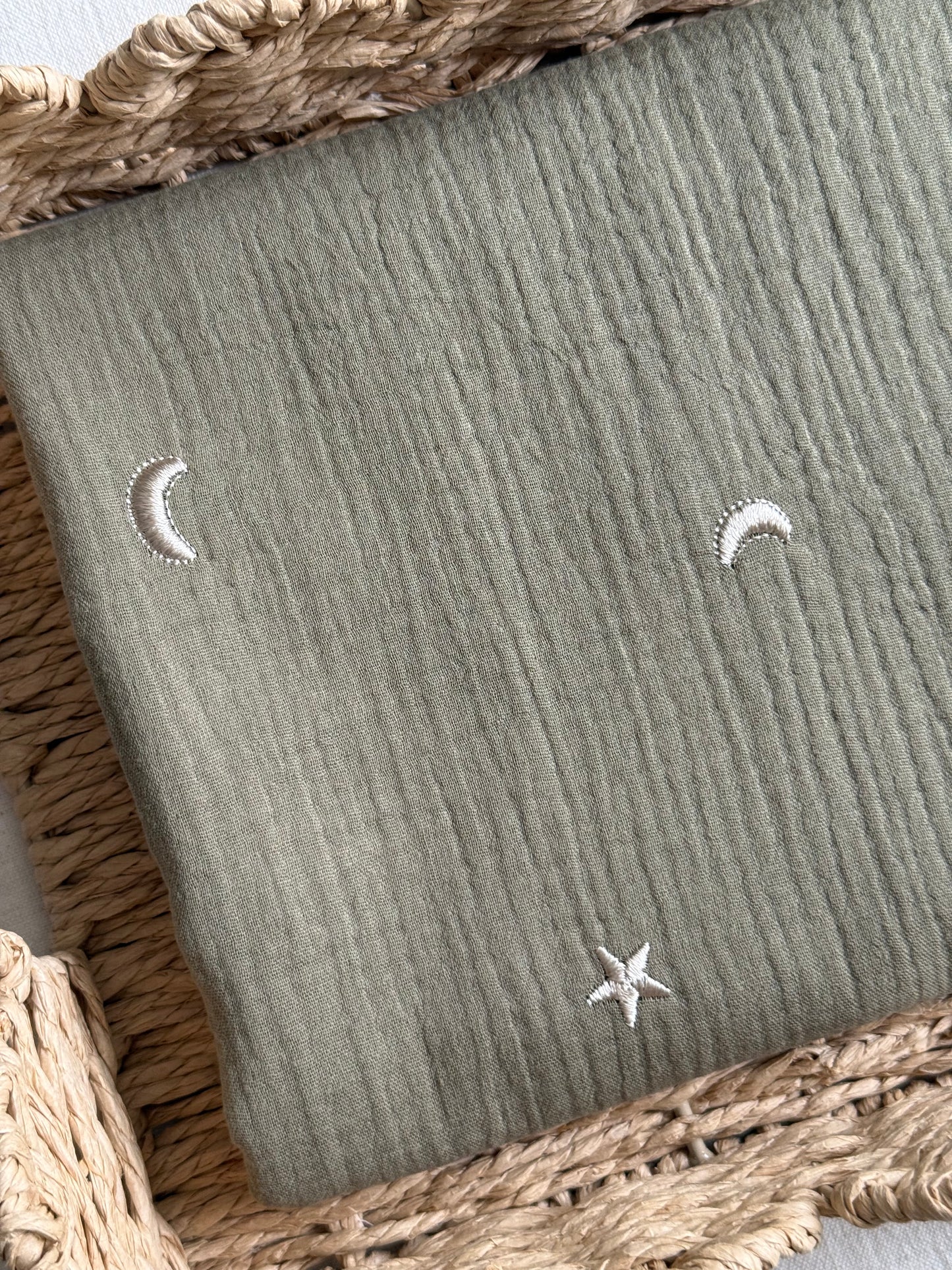 Embroidered Double Gauze Fabric - Moon & Stars - Soft Khaki