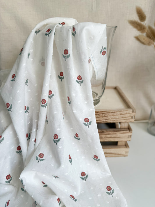 Cotton Dobby Swiss Dot Fabric - Red Block Print Flower