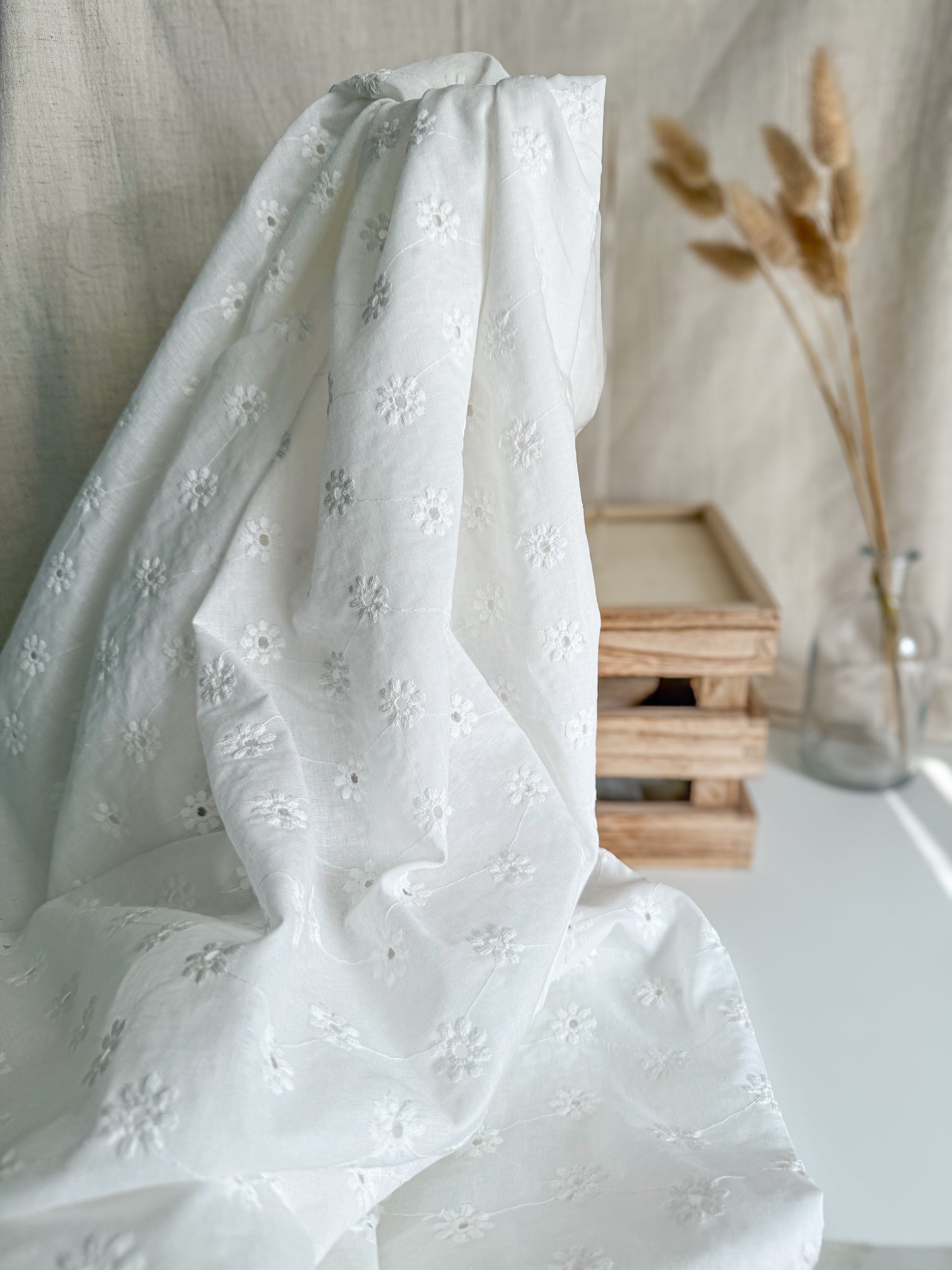 Cotton Embroidered Broderie Anglaise Dressmaking Fabric Off White