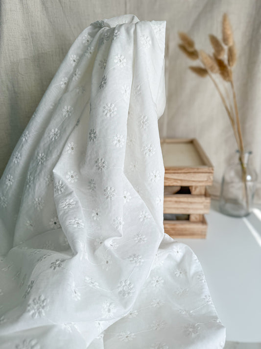 Cotton Embroidered Broderie Anglaise Dressmaking Fabric Off White