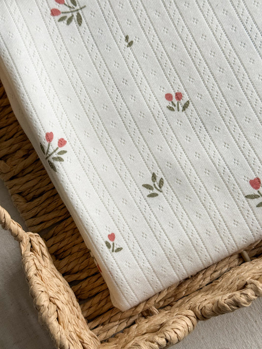 Off White Jersey Cotton Pointelle Fabric with Tulip Floral Pattern