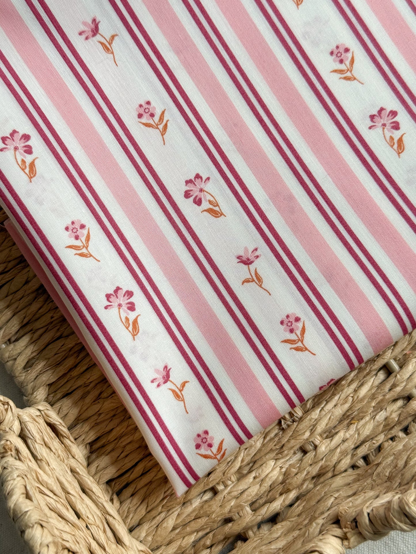 Fine Cotton Poplin Fabric - Pink Floral Stripe