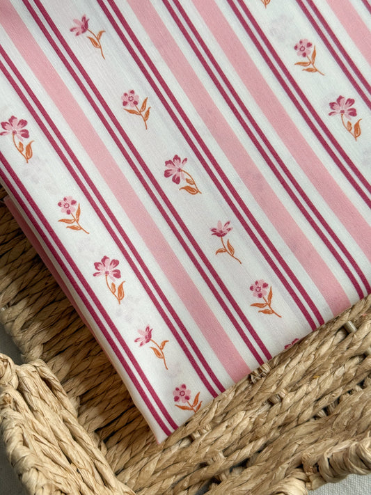 Fine Cotton Poplin Fabric - Pink Floral Stripe