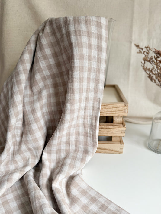 Double Gauze Fabric - Double Sided Gingham Stone