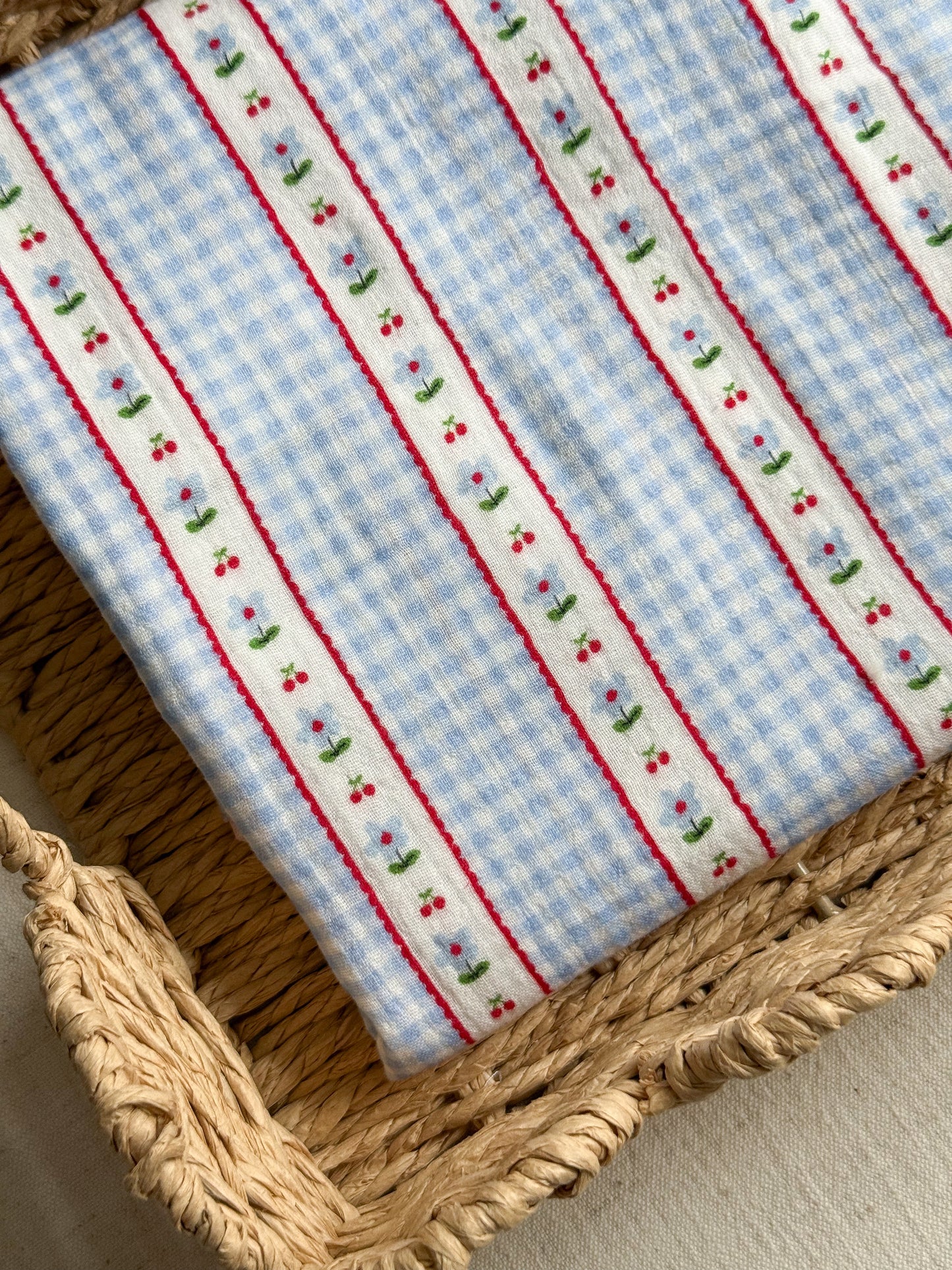 Double Gauze Fabric - Gingham Flowers & Cherries - Blue